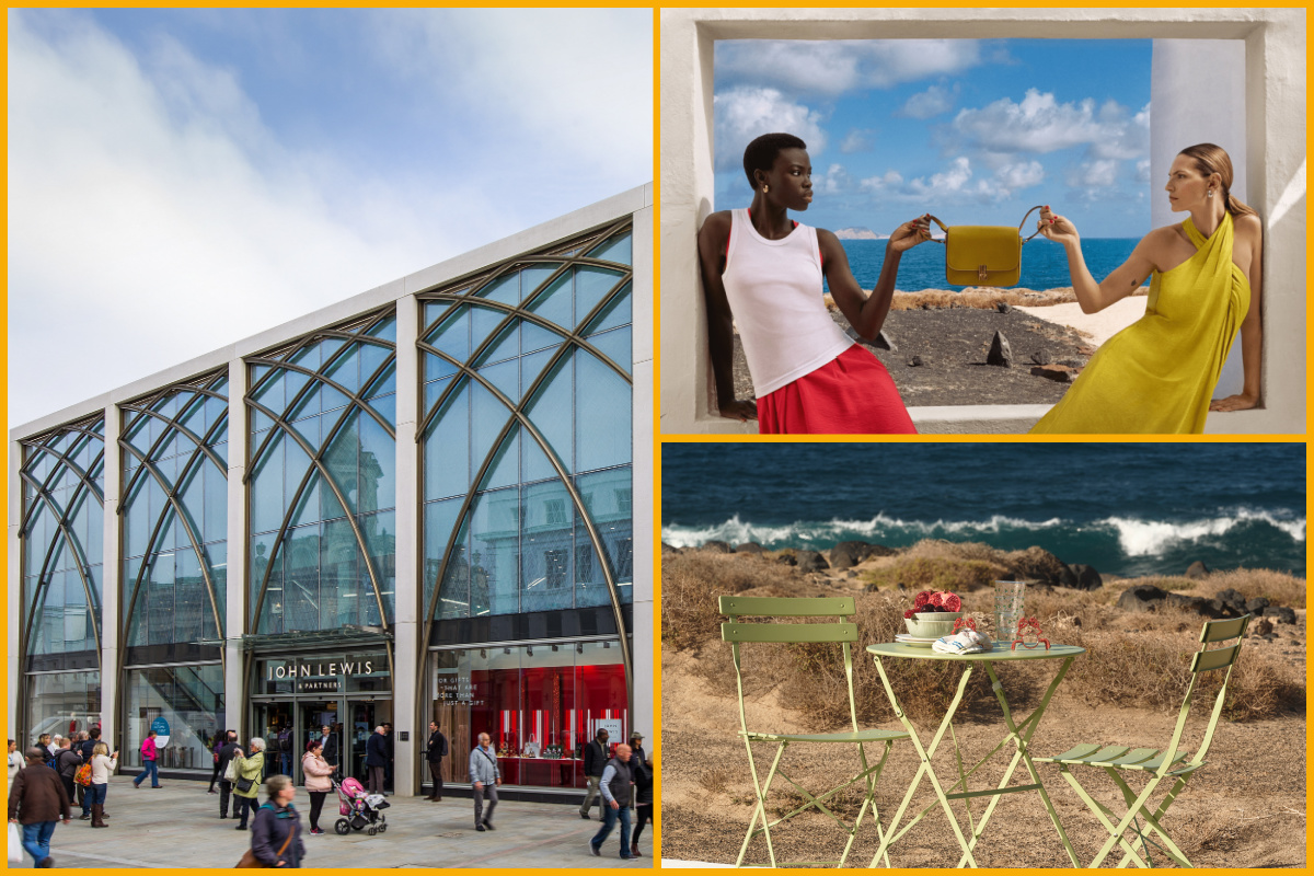 Collage of John Lewis Cheltenham, models holding a bag, table and chairs at the beach
